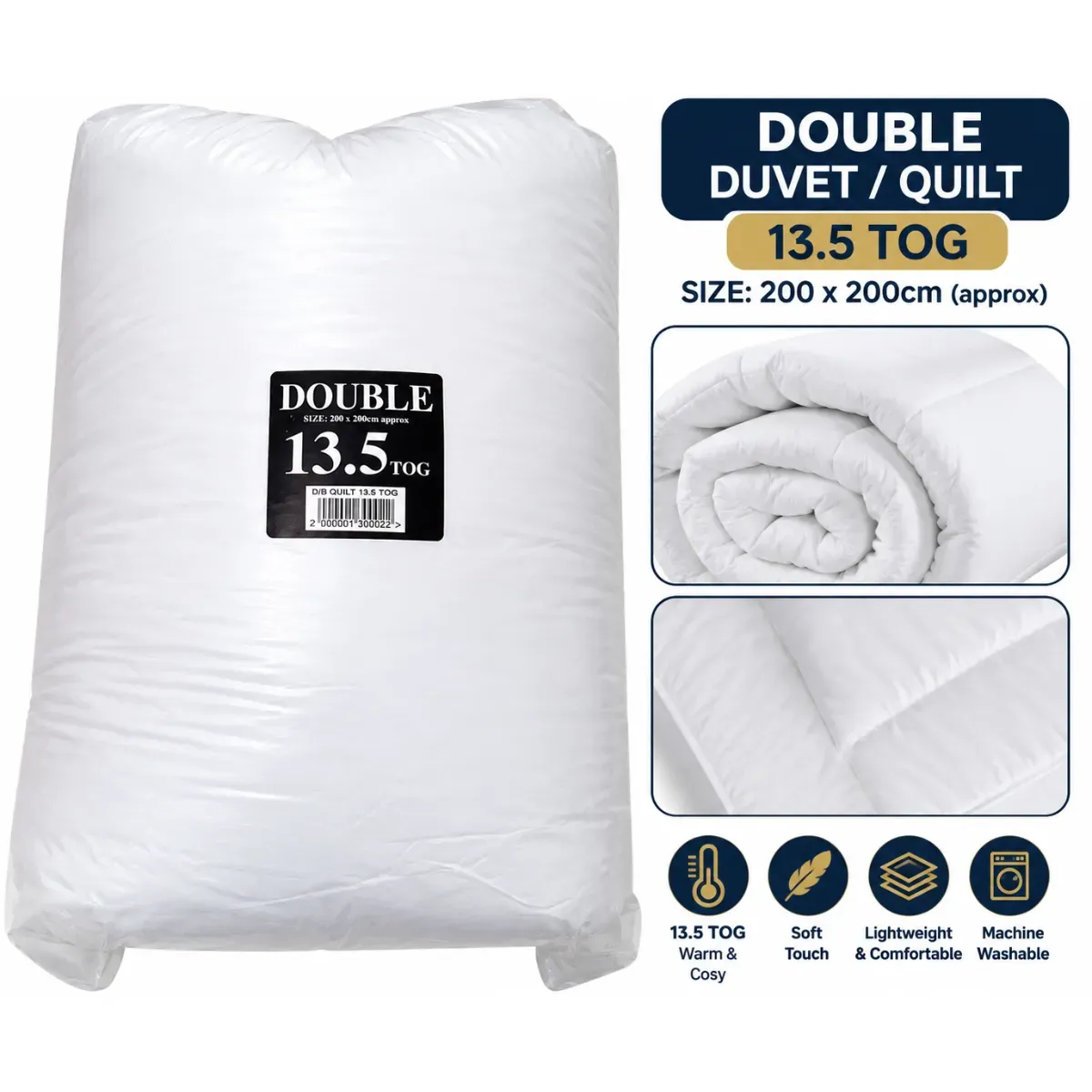 13.5 Tog Double Duvet Quilt 200 x 200cm Warm Winter Bedding, double 13.5 tog duvet quilt – 200 x 200cm  stay warm and cosy throughout the colder months with this 13.5 tog double duvet, designed to provide comfortable warmth for a restful night's sleep.  perfect for winter nights, guest bedrooms or refreshing your bedding essentials.  product features  size: double – 200 x 200cm (approx.)  warmth rating: 13.5 tog  colour: white  product type: duvet / quilt  season: ideal for autumn and winter  condition: supplied in protective packaging  why choose this duvet?  enjoy a cosy sleeping environment with a 13.5 tog warmth rating, ideal for those who prefer extra warmth during chilly nights.  a practical bedding essential for your home, guest room or spare bedroom.  package includes: 1 × double 13.5 tog duvet  please check the measurements before purchasing. duvet cover, pillows and other accessories are not included.  shop fahdeskey – everyday essentials for comfortable living.