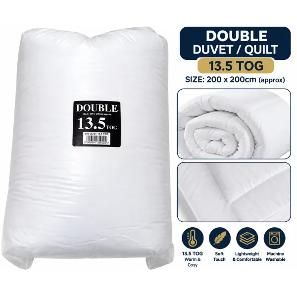 13.5 Tog Double Duvet Quilt 200 x 200cm Warm Winter Bedding, double 13.5 tog duvet quilt – 200 x 200cm stay warm and cosy throughout the colder months with this 13.5 tog double duvet, designed to provide comfortable warmth for a restful night's sleep. perfect for winter nights, guest bedrooms or refreshing your bedding essentials. product features size: double – 200 x 200cm (approx.) warmth rating: 13.5 tog colour: white product type: duvet / quilt season: ideal for autumn and winter condition: supplied in protective packaging why choose this duvet? enjoy a cosy sleeping environment with a 13.5 tog warmth rating, ideal for those who prefer extra warmth during chilly nights. a practical bedding essential for your home, guest room or spare bedroom. package includes: 1 × double 13.5 tog duvet please check the measurements before purchasing. duvet cover, pillows and other accessories are not included. shop fahdeskey – everyday essentials for comfortable living.