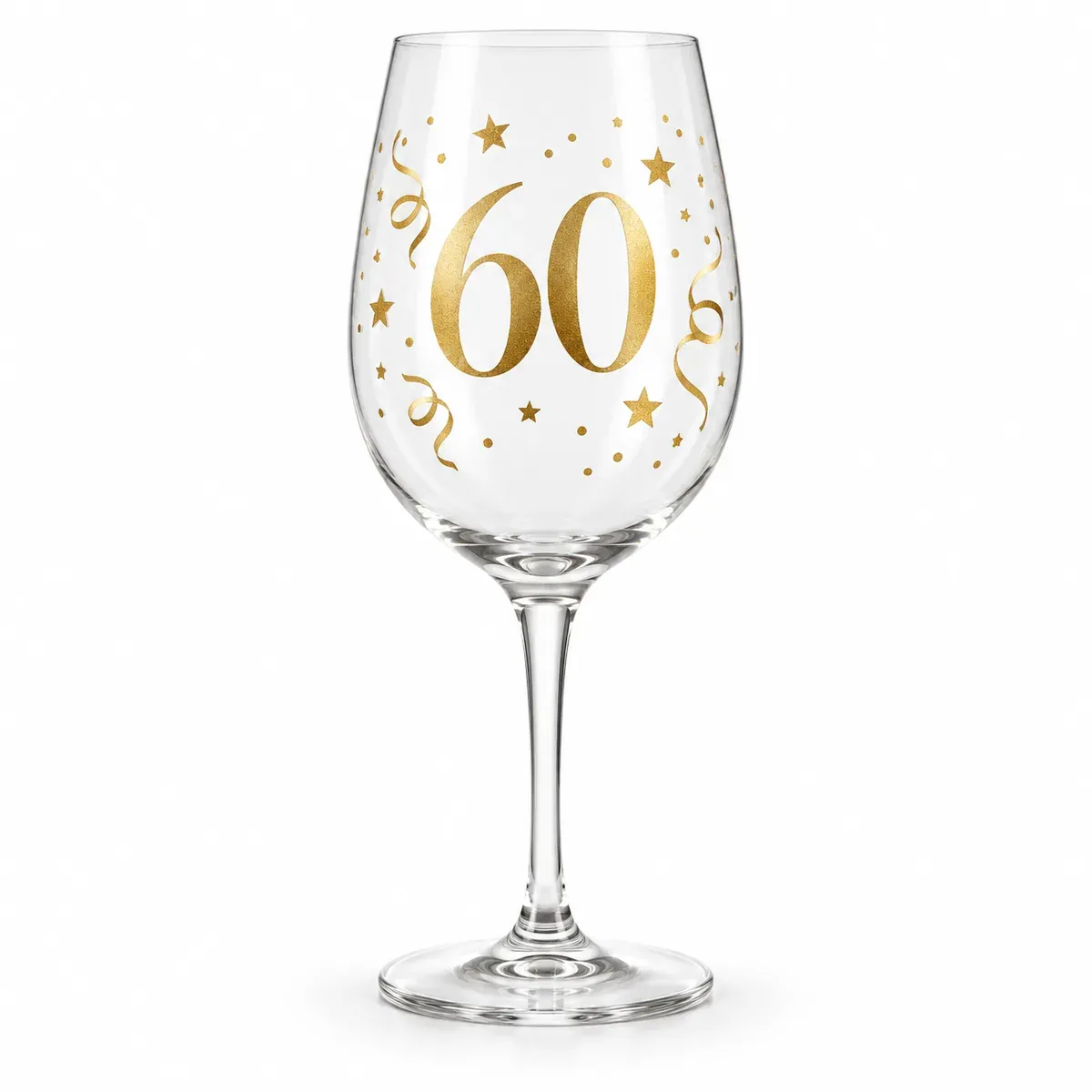 60th Birthday Celebration Glass, clear stemmed glass with gold 60th birthday decoration