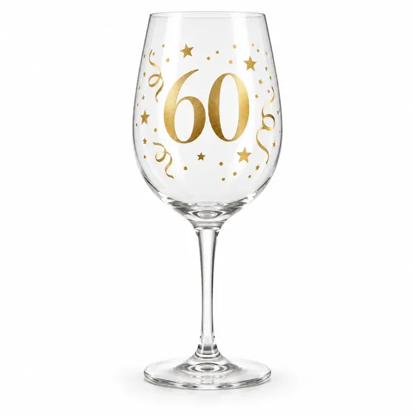 60th Birthday Celebration Glass, clear stemmed glass with gold 60th birthday decoration