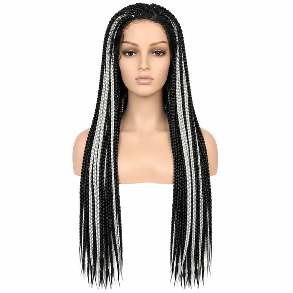 Black & White Braided Wig, long black braids with white accent braids