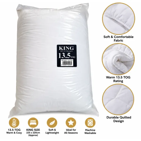 King Size Duvet 13.5 Tog Extra Warm Winter Quilt White Soft Cosy Bedding  Copy T, king size 13.5 tog duvet – warm & cosy winter bedding  enjoy a warm, comfortable night's sleep with this king size 13.5 tog duvet, designed to provide extra warmth and comfort during colder nights.  whether you're refreshing your bedroom or preparing for the winter season, this cosy white duvet is a practical addition to your bedding collection.  key features  13.5 tog warmth rating: ideal for colder nights and winter use.  king size: approximately 225 × 220 cm.  classic white colour: suitable for use with your favourite king-size duvet covers.  cosy & comfortable: designed to provide warmth for a restful night's sleep.  practical bedding essential: perfect for bedrooms, guest rooms and everyday home use.  product specifications  product type: duvet / quilt  size: king  dimensions: 225 × 220 cm (approx.)  tog rating: 13.5 tog  colour: white  condition: new, packaged  quantity: 1 king size duvet  why choose this duvet?  a good night's sleep starts with comfortable bedding. this 13.5 tog king-size duvet provides the extra insulation needed for chilly nights, helping you create a warm and inviting sleeping environment.  upgrade your winter bedding today and enjoy cosy nights in comfort!  available from shop fahdeskey.
