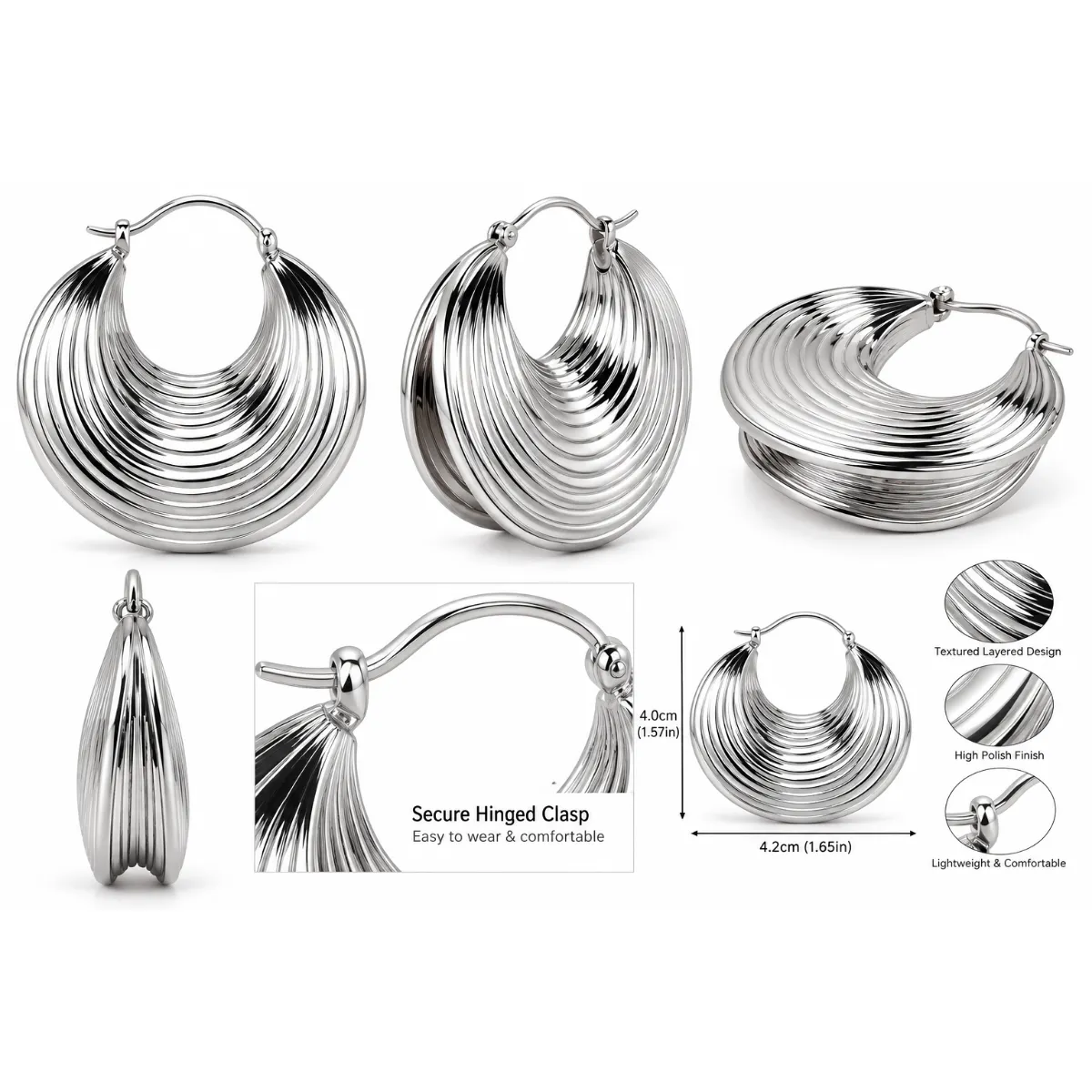 Silver Tone Ribbed Chunky Hoop Earrings Statement Crescent Fashion Jewellery,